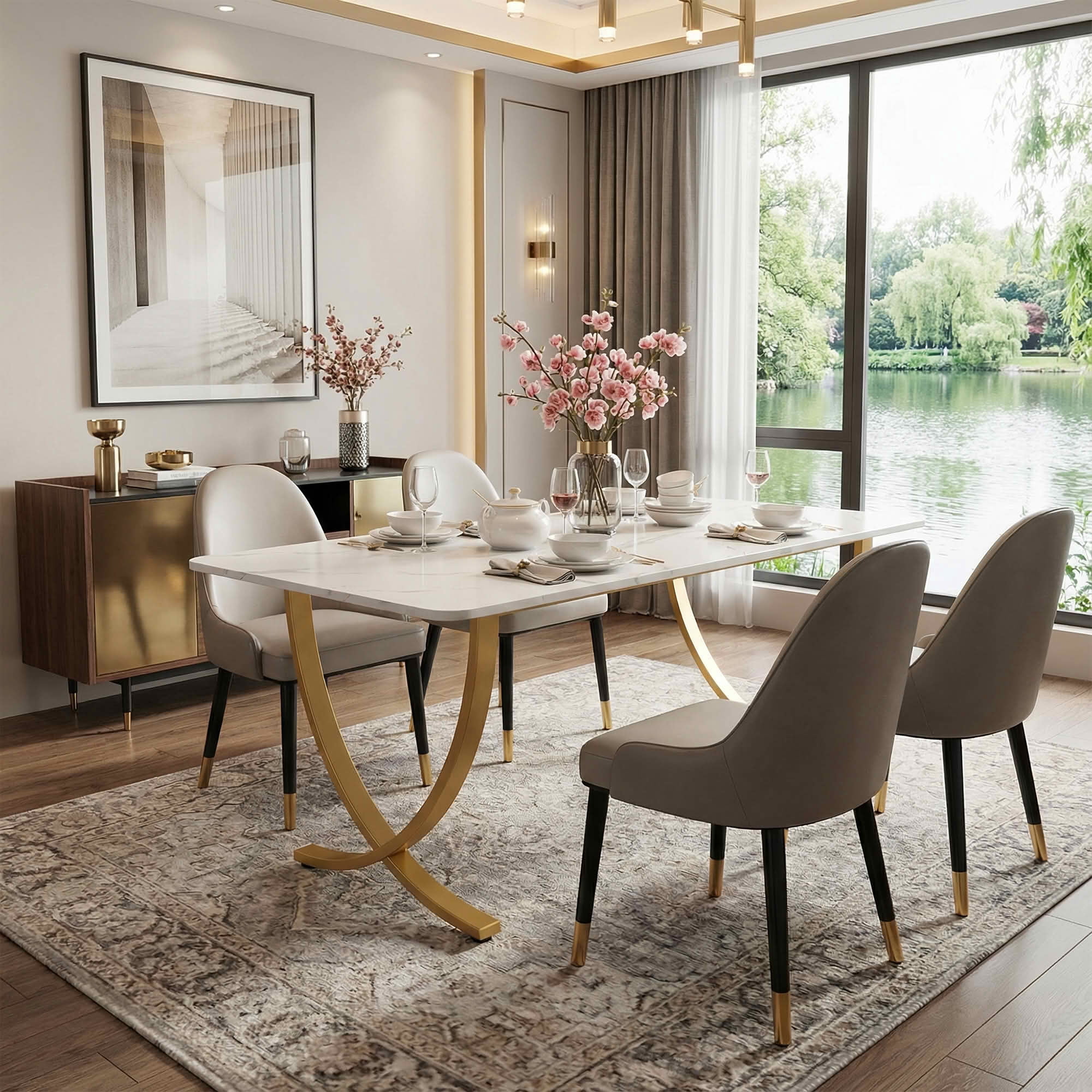 MAYEERTY Luxury Faux Marble Dining Table, 63 Inch Rectangular Modern Kitchen Table with Adjustable Foot Pads for Home Cafe Office