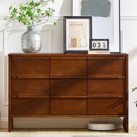 47.3" Mid Century Modern Sideboard Buffet Cabinet with Solid Wood Handles, 2 Doors and 3 Drawers for Kitchen Dining Living Room Storage, Walnut