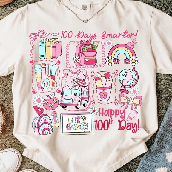 Nodb Pink 100Th Day Bow Shirt, Coquette Pencil Bow Shirt, One Hundred Day Tee SAND S-5XL