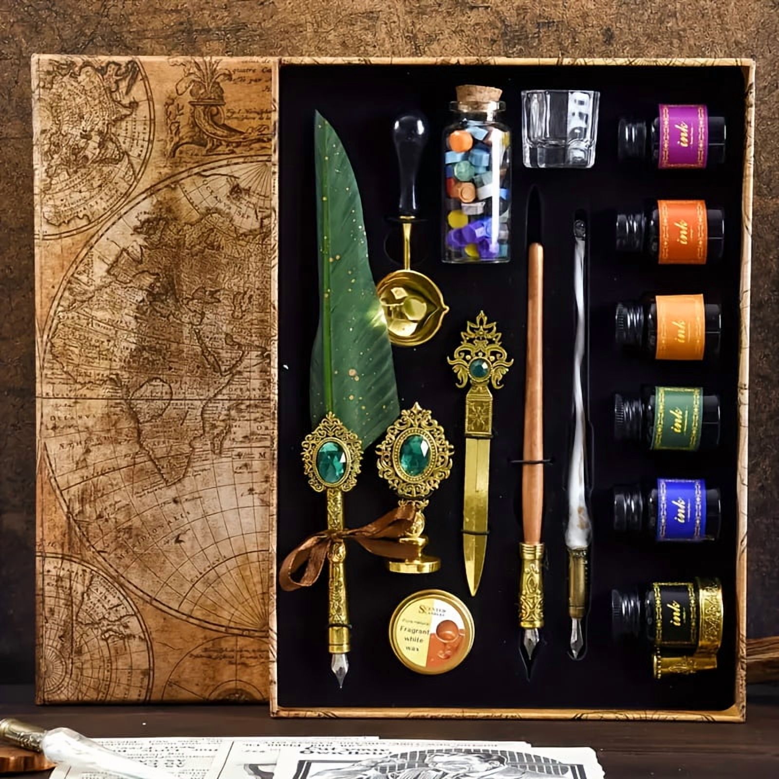 1Set Quill Pen And Ink Set Vintage Pen Calligraphy Set-Antique Gemstone Feather Pen Set With Dip Pen Fire Lacquer Wax Beads Spoon Seal Stamp Candle Pen Base Cup, Christmas Thanksgiving Halloween Gift