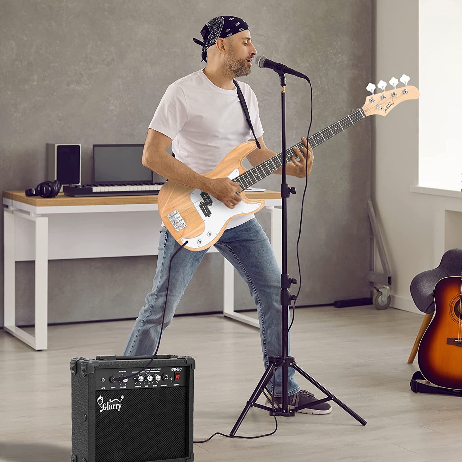 GLARRY Full Size Electric Bass Guitar with 20W AMP, 4 String Beginner Starter Kit with Accessories including Cable, Strap, Bag for Kids and Adults (Burly Wood)