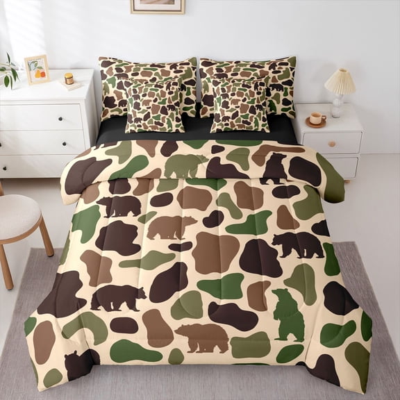 Feelyou Farmhouse Bear Teen Bedding Comforter Set 7pcs, Camo Camouflage Queen Bedding Sets