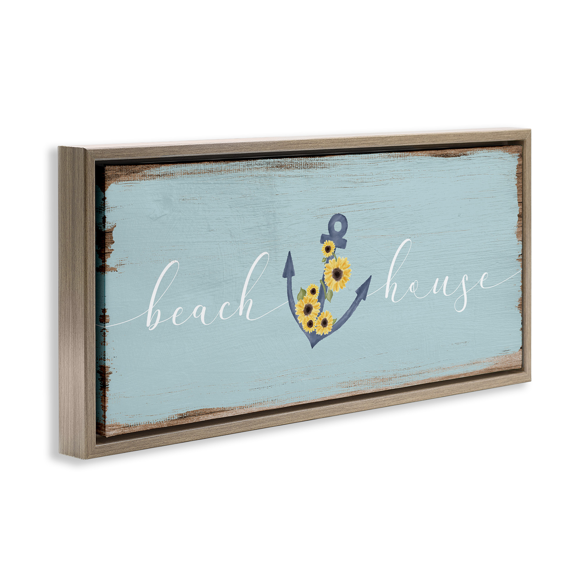 Stupell Industries Beach House with Floral Anchor Nature Painting Brown Floater Framed Canvas Art Print Wall Art, 25 x 11