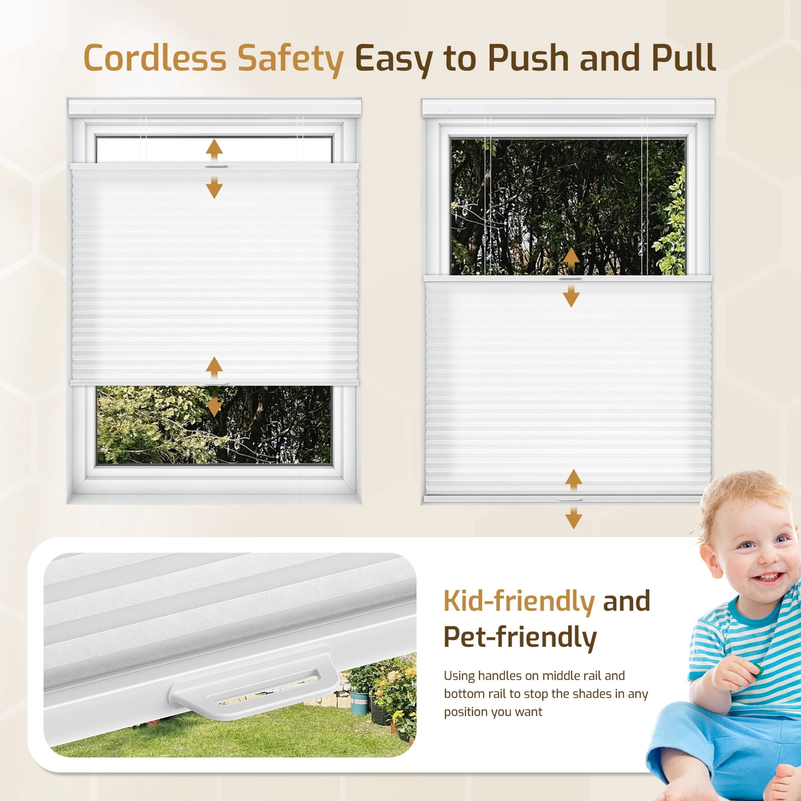 Grandekor No Drill Top Down Bottom Up Cellular Shades, 1.5 Inch Large Cell Cordless Light Filtering Honeycomb Blinds for Indoor Windows, Thermal Privacy, Rental Friendly White 35"W x 64"H