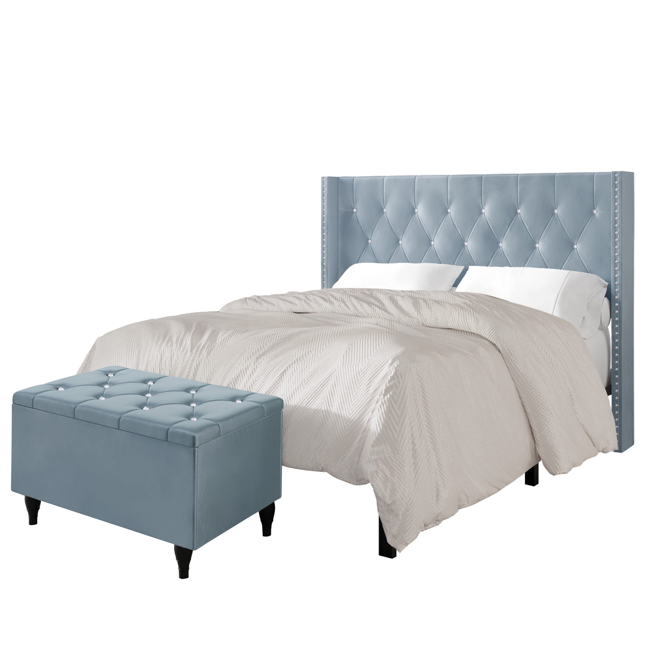 Castle Place Button Tufted Wingback Velvet Upholstered Bed with Storage Bench, Light Blue, King
