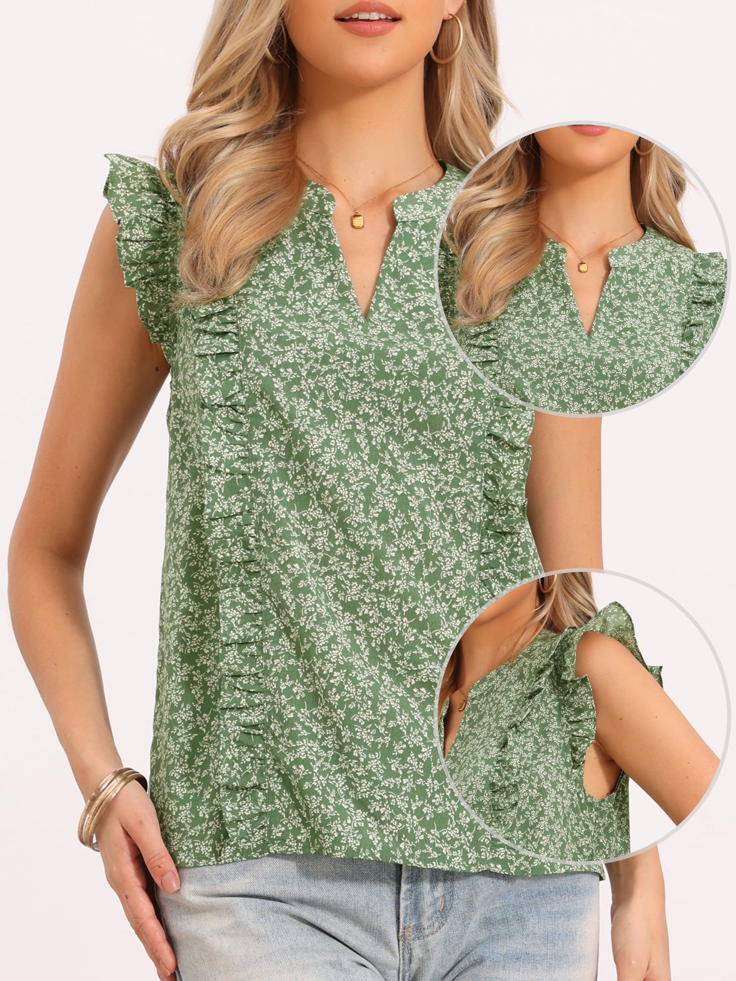 DARING DIVA Women's Summer Floral Tops Ruffle Cap Sleeve V Neck Chiffon Blouse L Green
