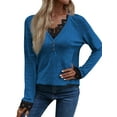 thumbnail image 3 of HUBERY Women Lace Trimmed Spliced V Neck Button Raglan Sleeve Solid Color Top, 3 of 7