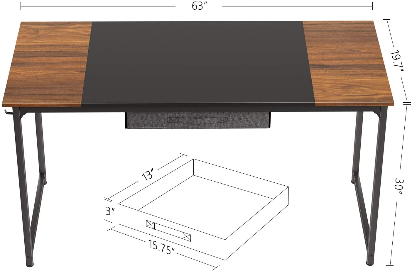 CubiCubi Computer Desk with Drawer Splice Board, Black and Espresso Finish,63" - image 5 of 7