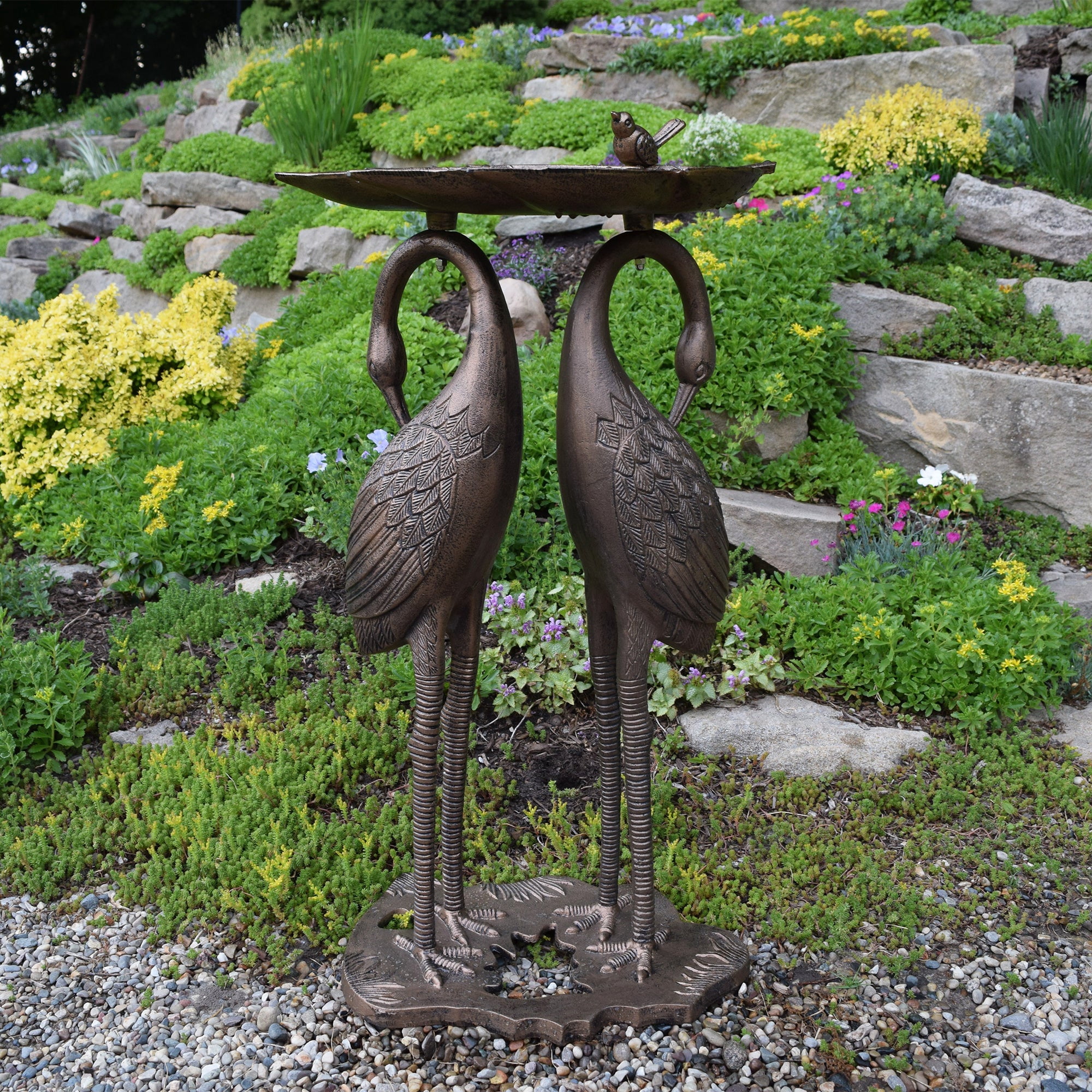 Cast Aluminum 30-in Twin Crane Bird Bath with Leaf Bowl