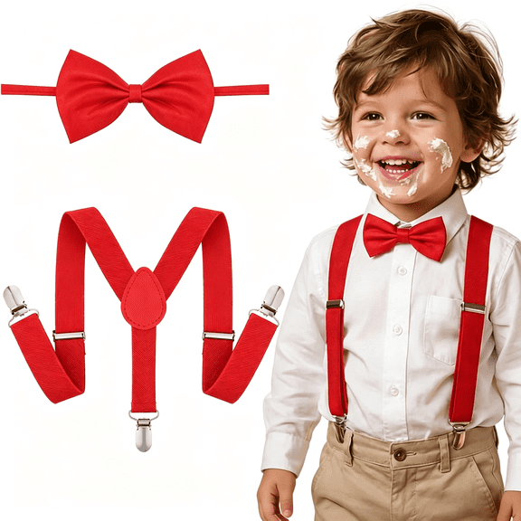 XIBUFE 1 Set Kids Red Suspenders and Bow Tie,Adjustable Toddler Suspenders,Red Kids Suspender Bow Tie Set for Toddler Baby Boys Clothes Accessories,For Birthday Party,Formal Performance