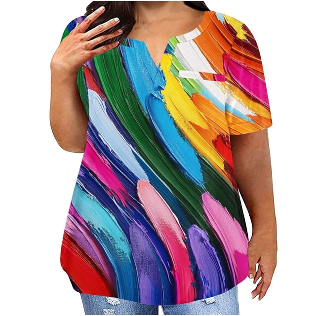 Plus Tamaño de las Mujeres Blusas, Cuello en V Casual Suelto Manga Corta Superior, Impresión Blusa Poliéster Spandex