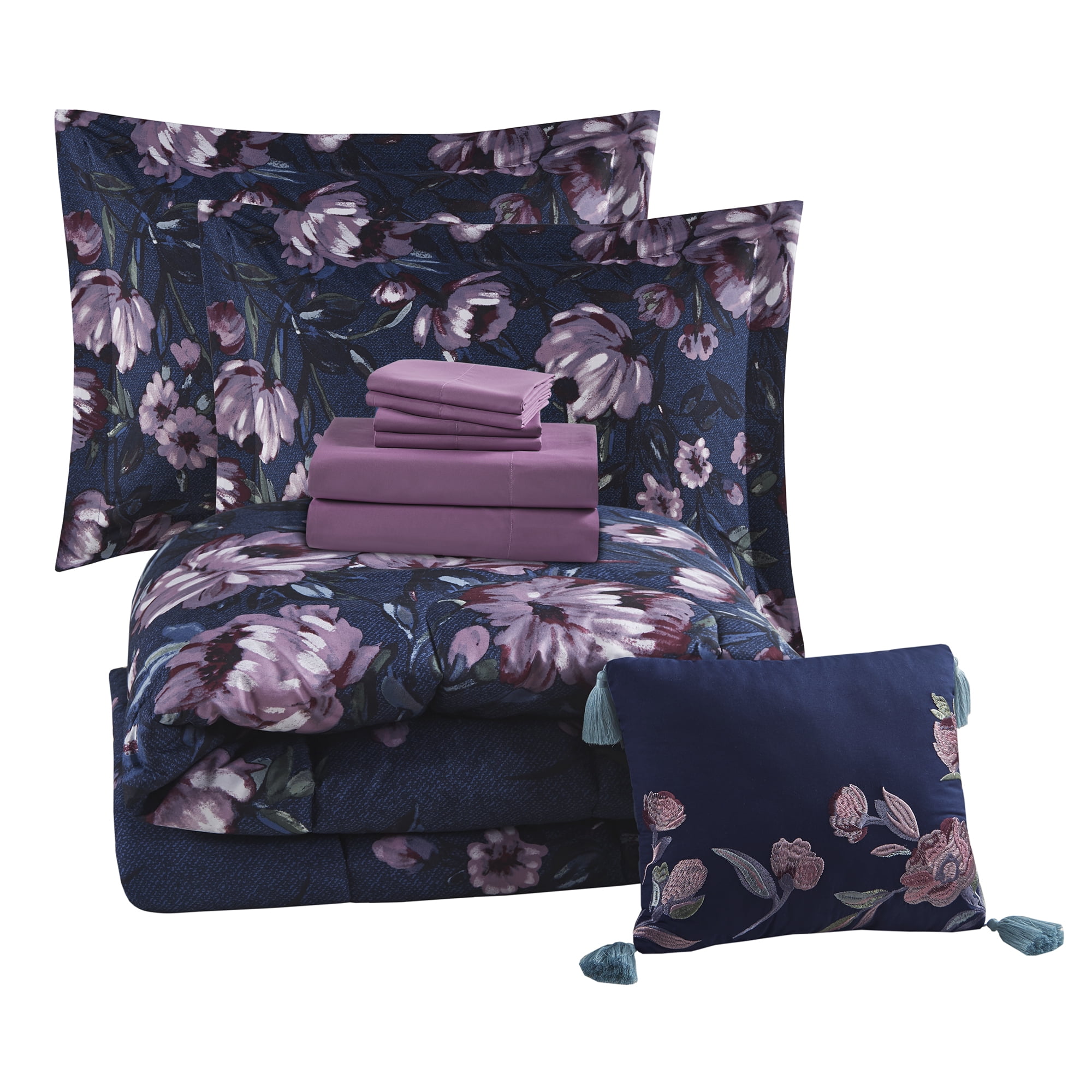 Mainstays 10 Piece Navy Floral Bed in a Bag Comforter Set with Sheets, King  (图5) Mainstays 10 Piece Navy Floral Bed in a Bag Comforter Set with Sheets, King  (图5)