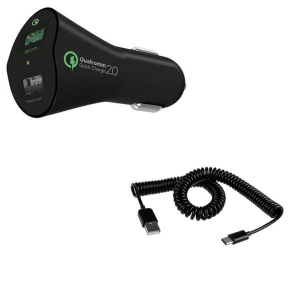 Type-C Coiled USB Cable w 2-Port USB 30W Fast Car Charger M4G for LG V50 ThinQ 5G, V40 ThinQ, V35 ThinQ, Q7 Plus, Google Nexus 5X, G8 ThinQ, G7 ThinQ, G Pad X II 10.1, Stylo 5 4 Plus