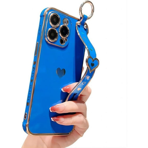 for iPhone Case,Luxury ElectroPlated Side Print Love Heart Pattern with Hand Bracelet Camera Lens Protection Shockproof Phone Case (Navy Blue,iPhone 14)