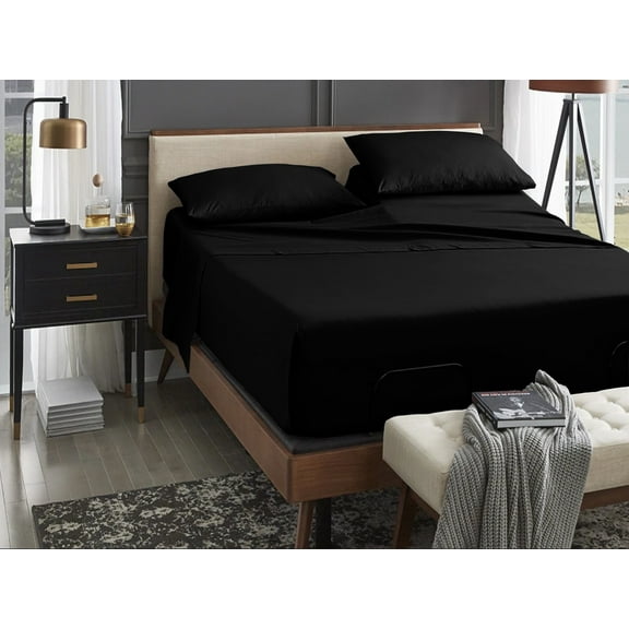ABORN Giza Egyptian Cotton bedsheet 400-TC 4 PC Black Split-Head Queen 32" Split 22" Pocket