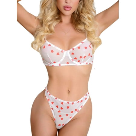 

Capreze Women Sleepwear 2 Pieces Lingerie Set V Neck Briefs Underwear Heart Dots Print Ladies Mesh See Through Sheer Babydoll White 2XL