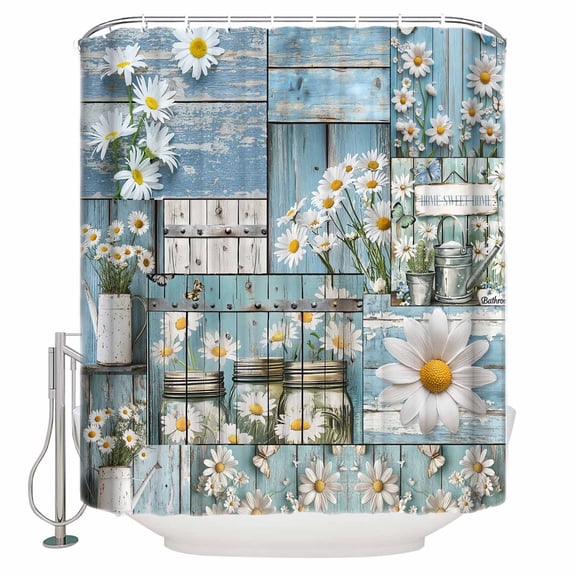 Farmhouse Daisies Bathroom Shower Curtains with 12 Hooks Polyester Waterproof Shower Curtain for Stalls and Bathtubs Summer Spring Botanical Wooden Grain Decorative Bathroom Curtain 72x84 Inches