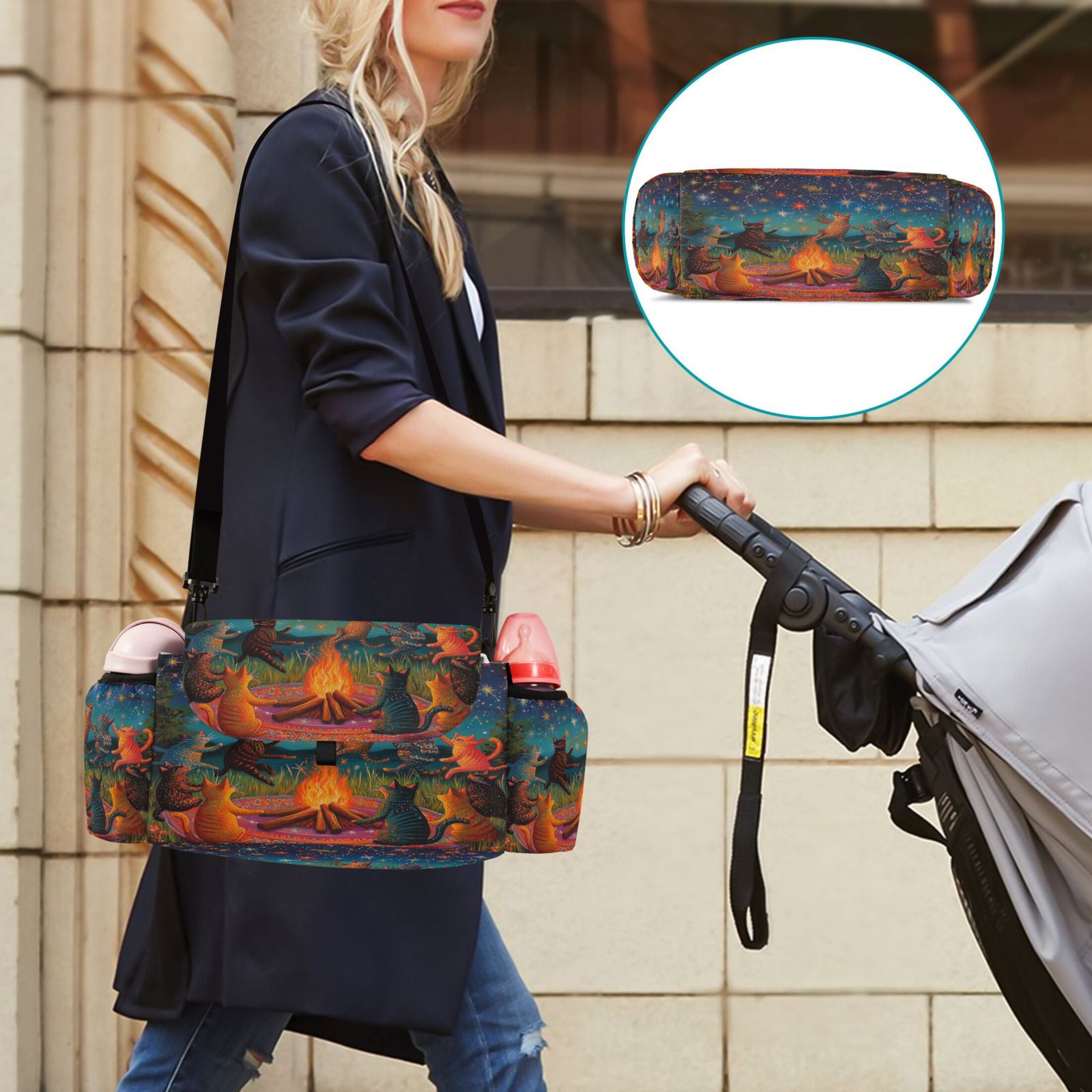 DIXRUYEE Stroller Organizer Starry Cat Gathering Around The Fire Printed