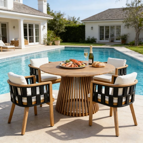 Christopher Knight Home 5-Piece Acacia Wood Dining Set, Light Teak Pedestal Table with Cream Cushion Chairs