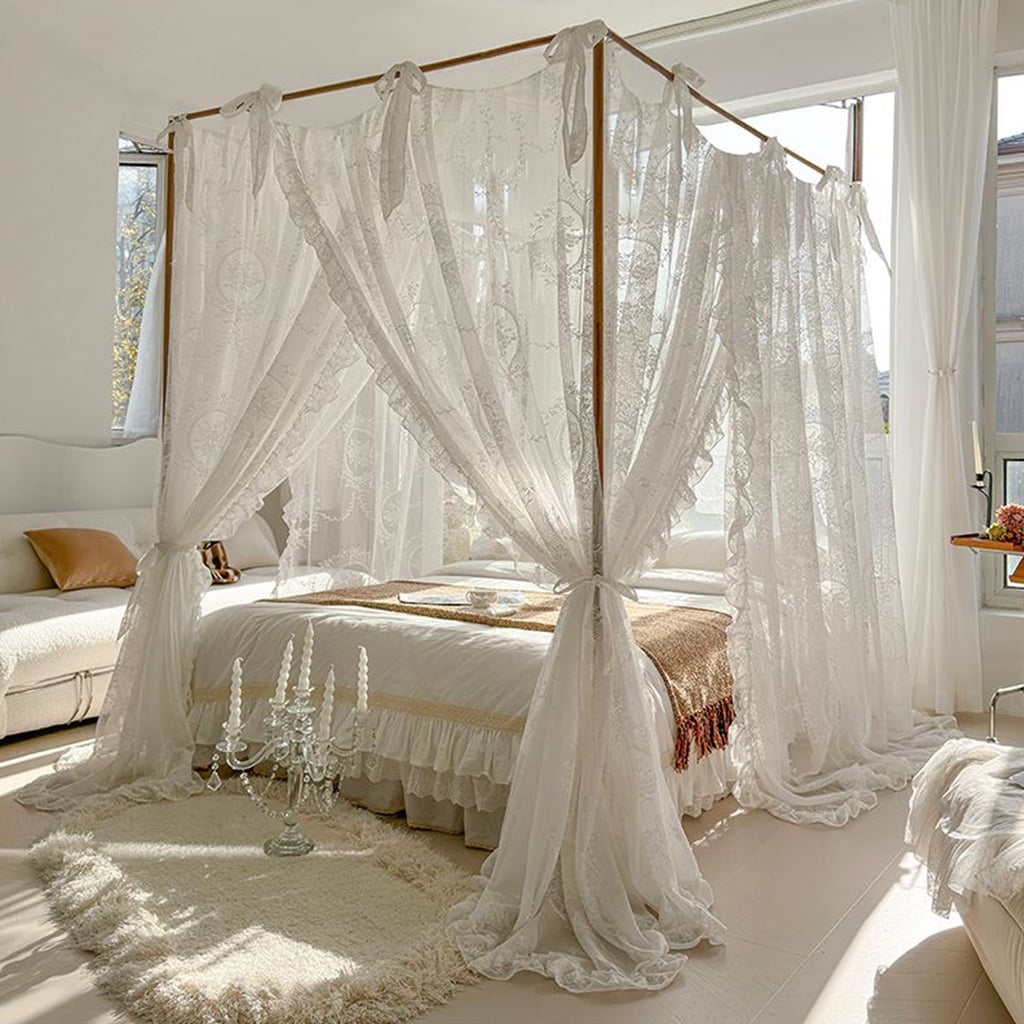 Elegant Lace Princess 4 Corner Post Mosquito Net Romantic for Girls Women Bed Curtain Canopy for Adults Wedding Bedroom Kids Rooms Decoration,White-2,Queen