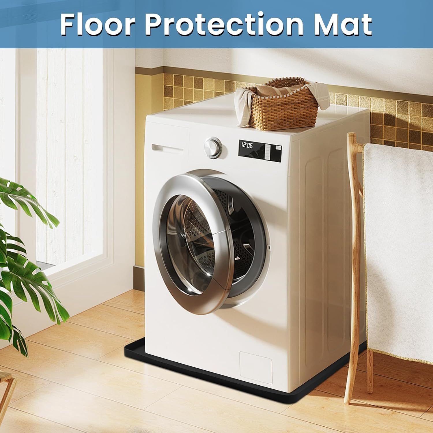 Large Thickened Washing Machine Mat 30" x 28" Silicone Under Washer and Dryer Drain Pan Drip Tray Floor Protector Non-Slip Flexible Soft Mat Waterproof Raised Edge 0.98'' Black
