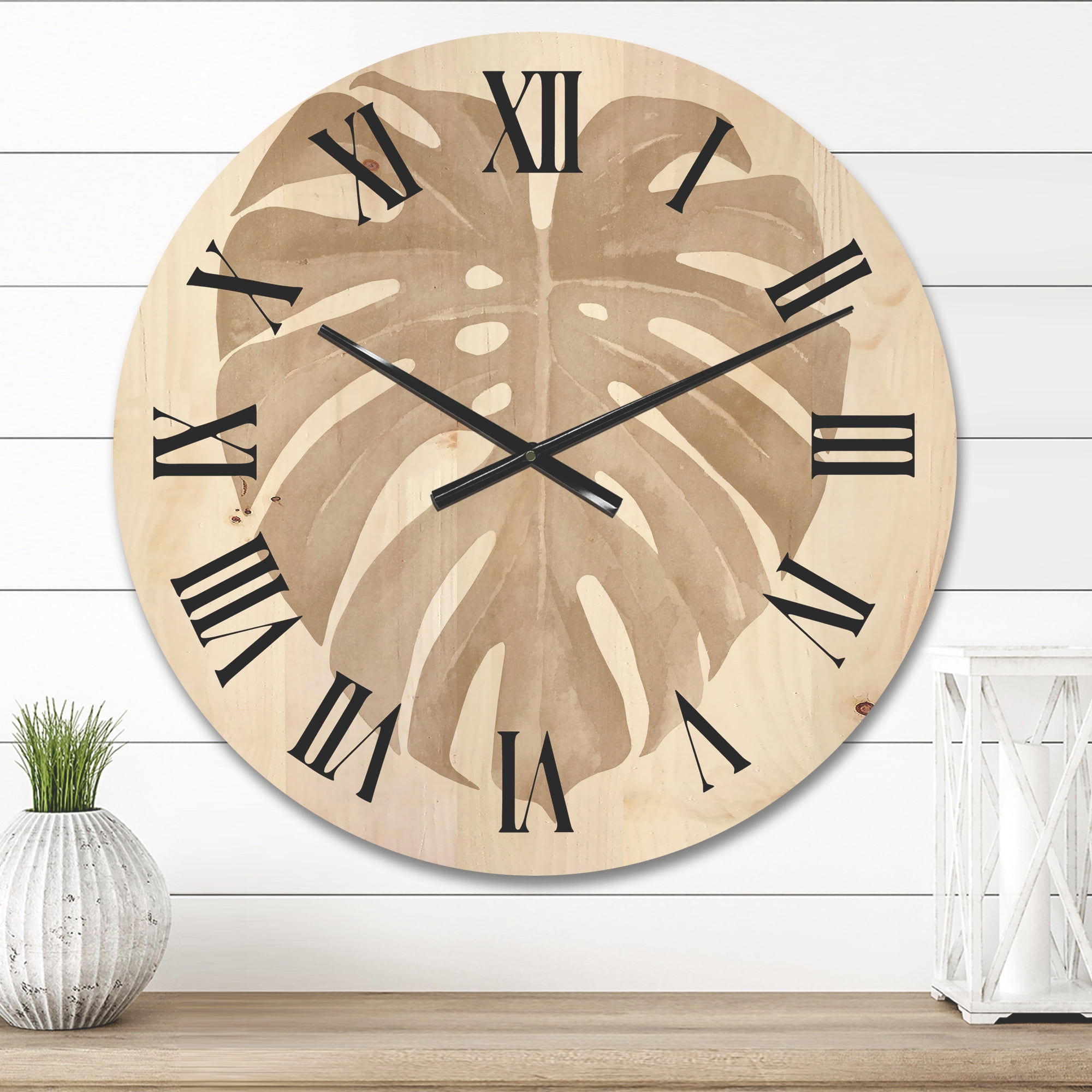 Designart 'Beige Ivory Pastel Monstera Heart Shaped Tropical Leaf' Traditional Wood Wall Clock