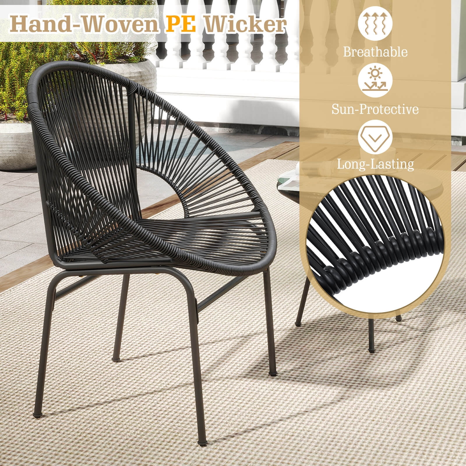 Costway 3PCS Patio Acapulco Furniture Bistro Set Plastic Rope Glass Table Black