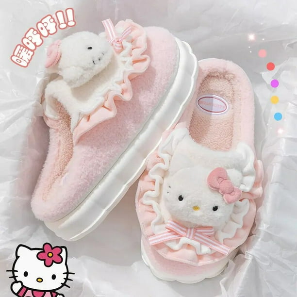 Sanrio-Zapatillas de algodón de Hello Kitty para mujer, zapatos planos suave y gruesa para el hogar de suela antideslizantes, Invierno
