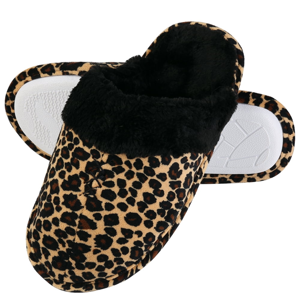 Aerusi Comfy Leopard Print Unisex Soft Memory Foam Slippers with No-Slip Rubber Sole and Arch Support for Indoor or Outdoor Daily Use