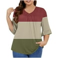 thumbnail image 3 of Yxbdin Plus Size Womens Shirts Ruffle 3/4 Length Sleeve Patchwork Tunic Blouses Loose Fit V Neck Pleated Shirt Trendy Spring Tops Red XXXXL, 3 of 6