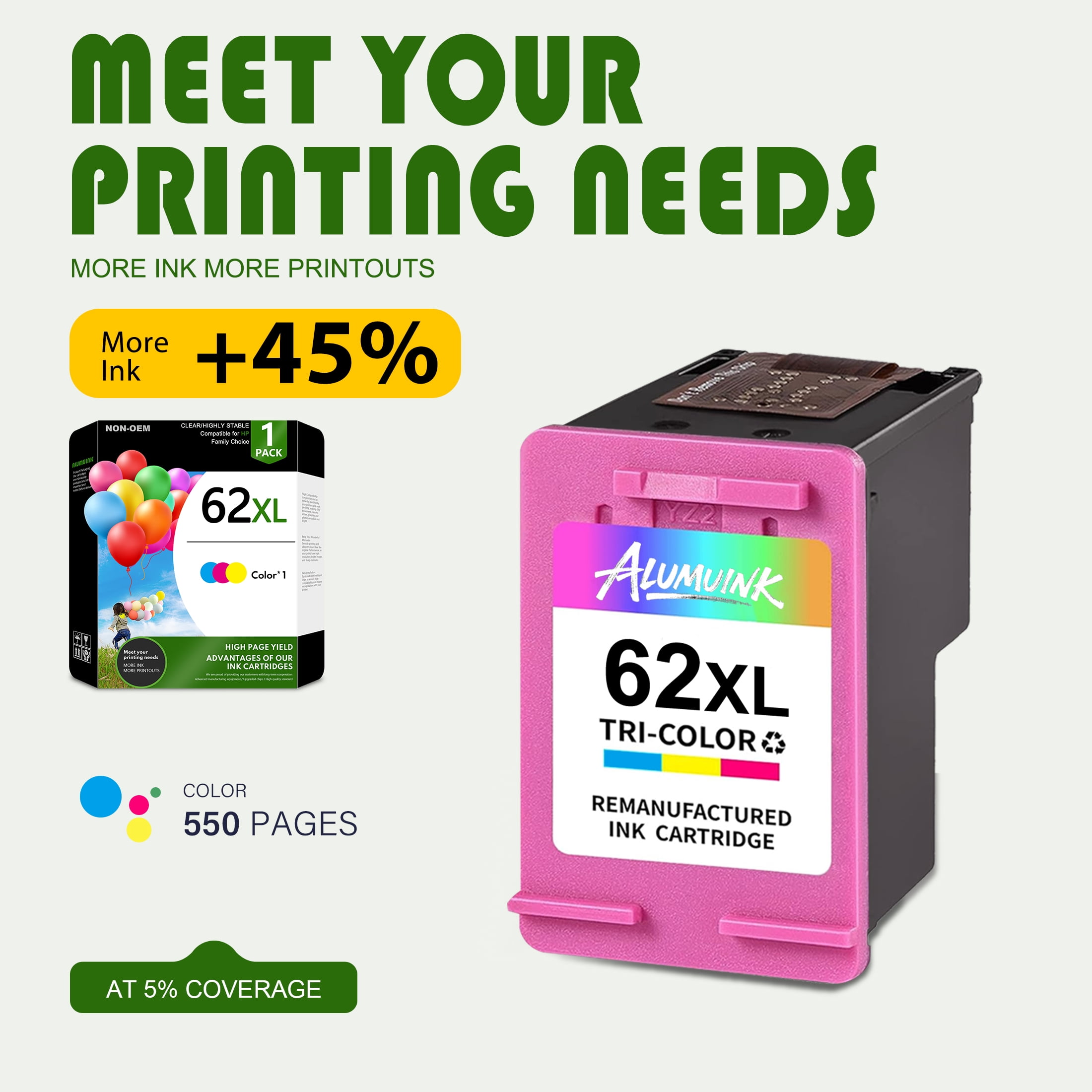 62XL Ink Cartridges Compatible for 62 Ink Compatible for Envy 7640 Officejet 5745 Printer.