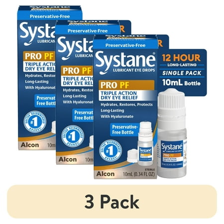 (3 pack) Systane PRO PF Eye Lubricant Drops for Dry Eyes, Hydrate, Restore & Protect, 10 ml