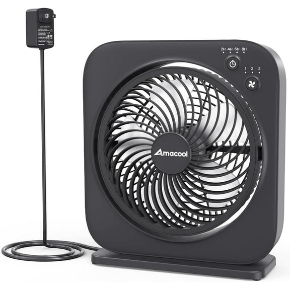 Table Fan, 12 inch Box Fan with 3 Speeds & 8HRS Timer, 270° Pivoting Quiet Air Circulator, Desktop for Bedroom Bathroom Kitchen Office, AC Adapter Included, Co-Branded Cmyfato-Black
