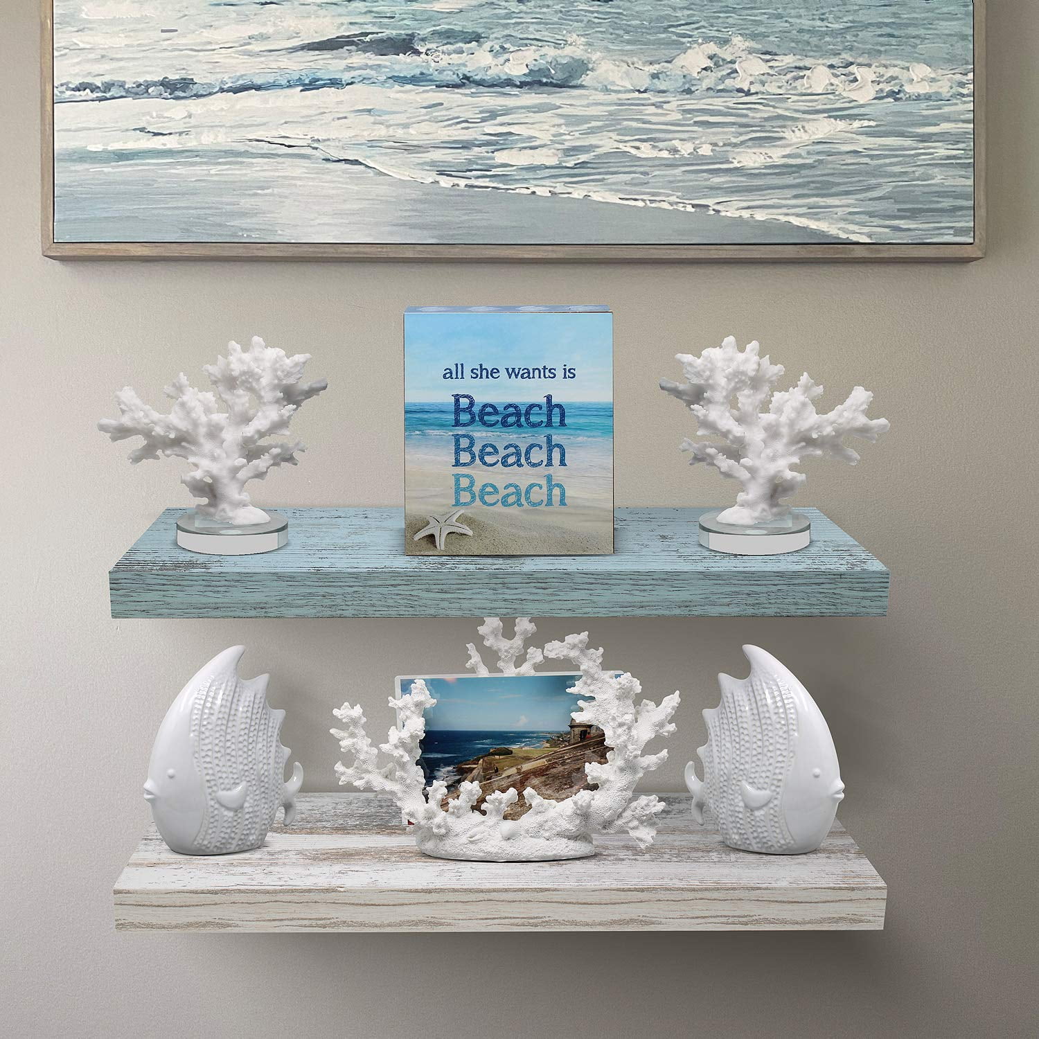 Sorbus 2 Pack Wood Floating Shelves Wall Hanging Length 24-inch, Rustic Blue/White