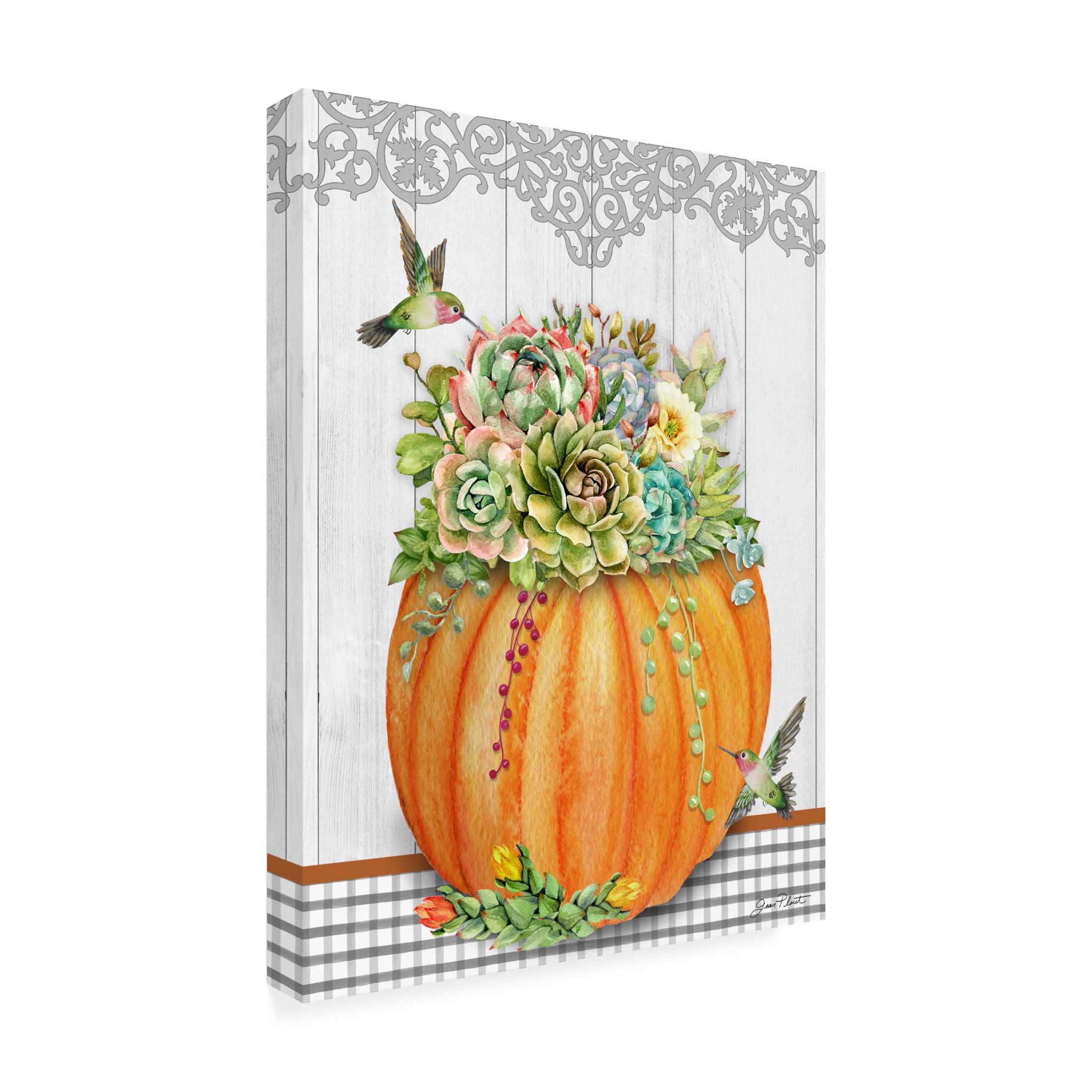 Canvas Wall Art - Jean Plout 'Pumpkins With Succulents C' Wall Art for Living Room, Bedroom, or Office Décor by Trademark Fine Art - 24 x 32 Inches