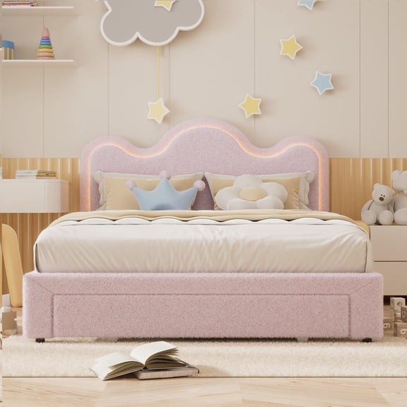 Queen Boucle Upholstered Bed Frame with Storage Headboard, LED Lights, Storage Drawers, Wood Slat Support, No Box Spring Needed