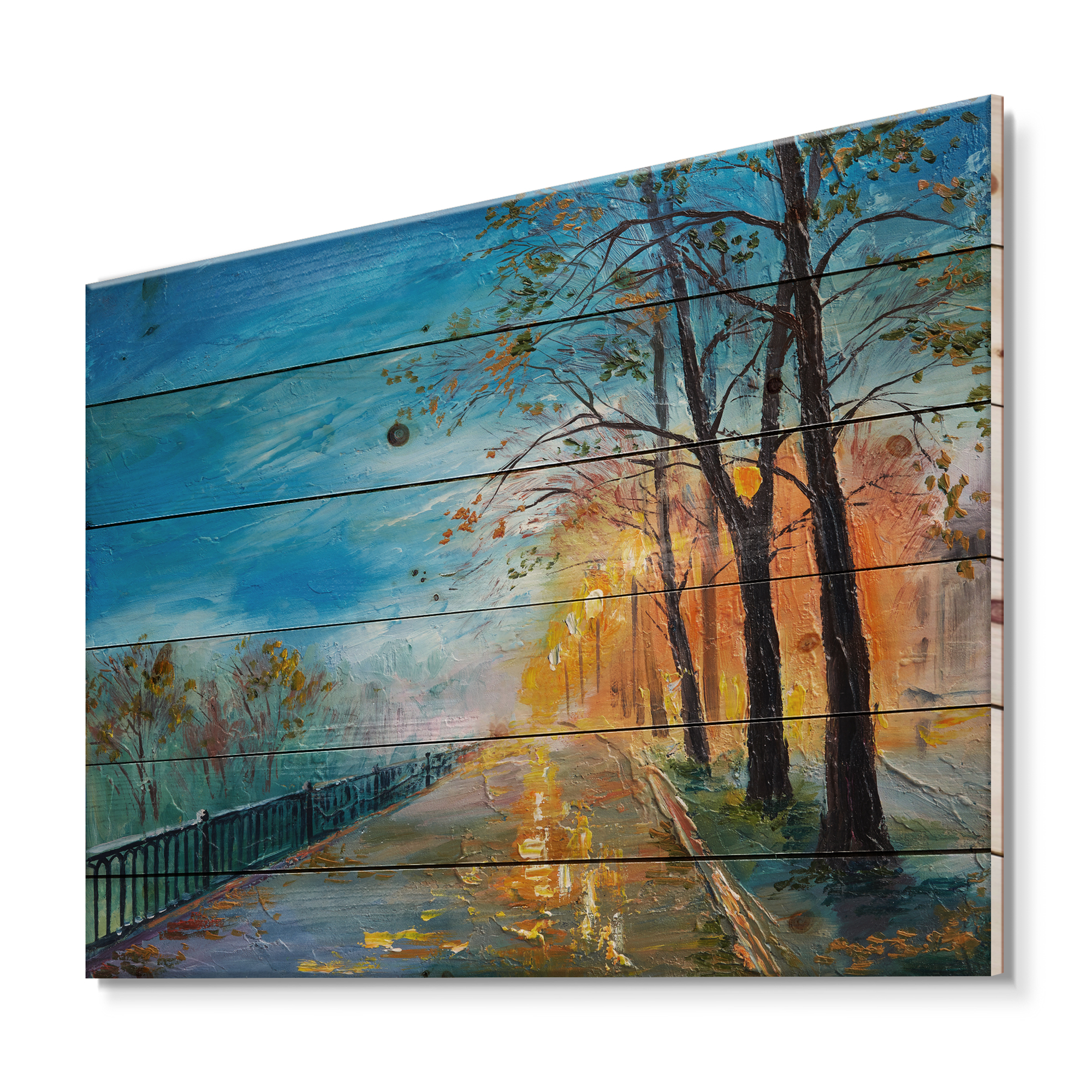 Designart 'Autumn Road in Evening' Traditional Print on Natural Pine Wood