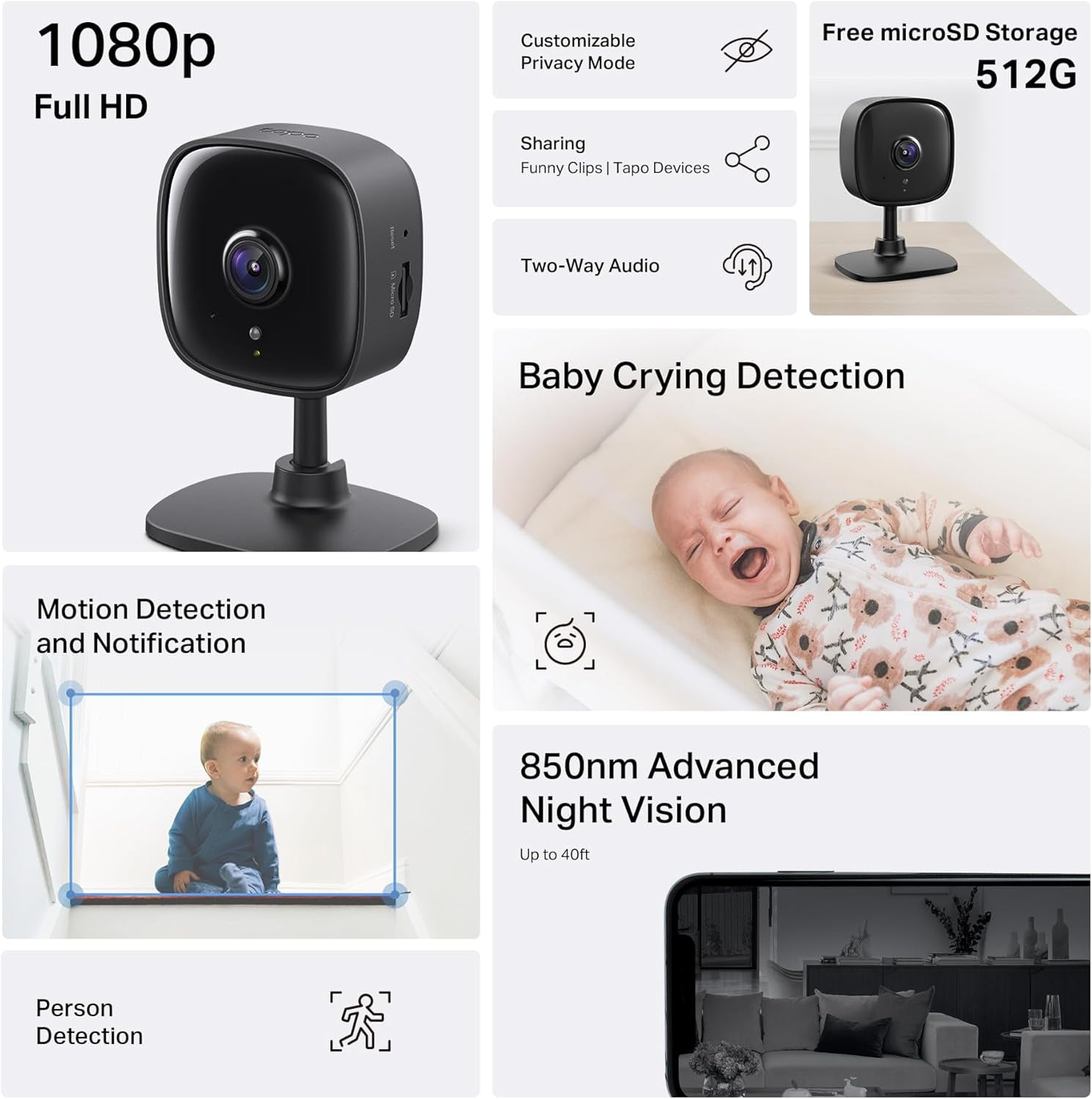 by TP-Link 1080P Indoor Security Camera for Baby Monitor, Pet Camera w/Motion Detection, 2-Way Audio, Night Vision, Cloud & SD Card Storage, Works w/Alexa & Google Home, Black, C101