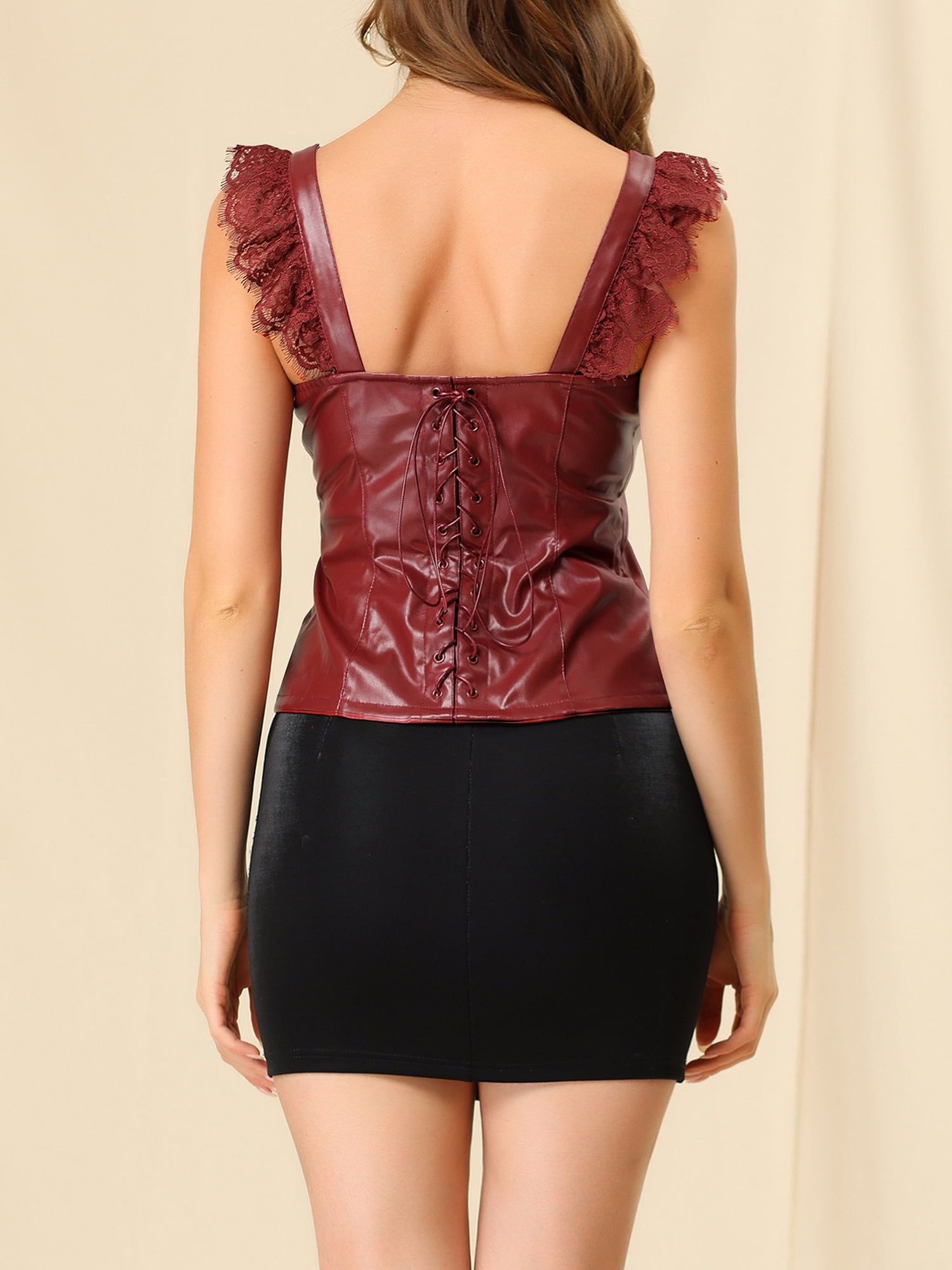 DARING DIVA Women's Party Lace Trim Tank Top Faux Leather PU Sleeveless Top S Wine Red