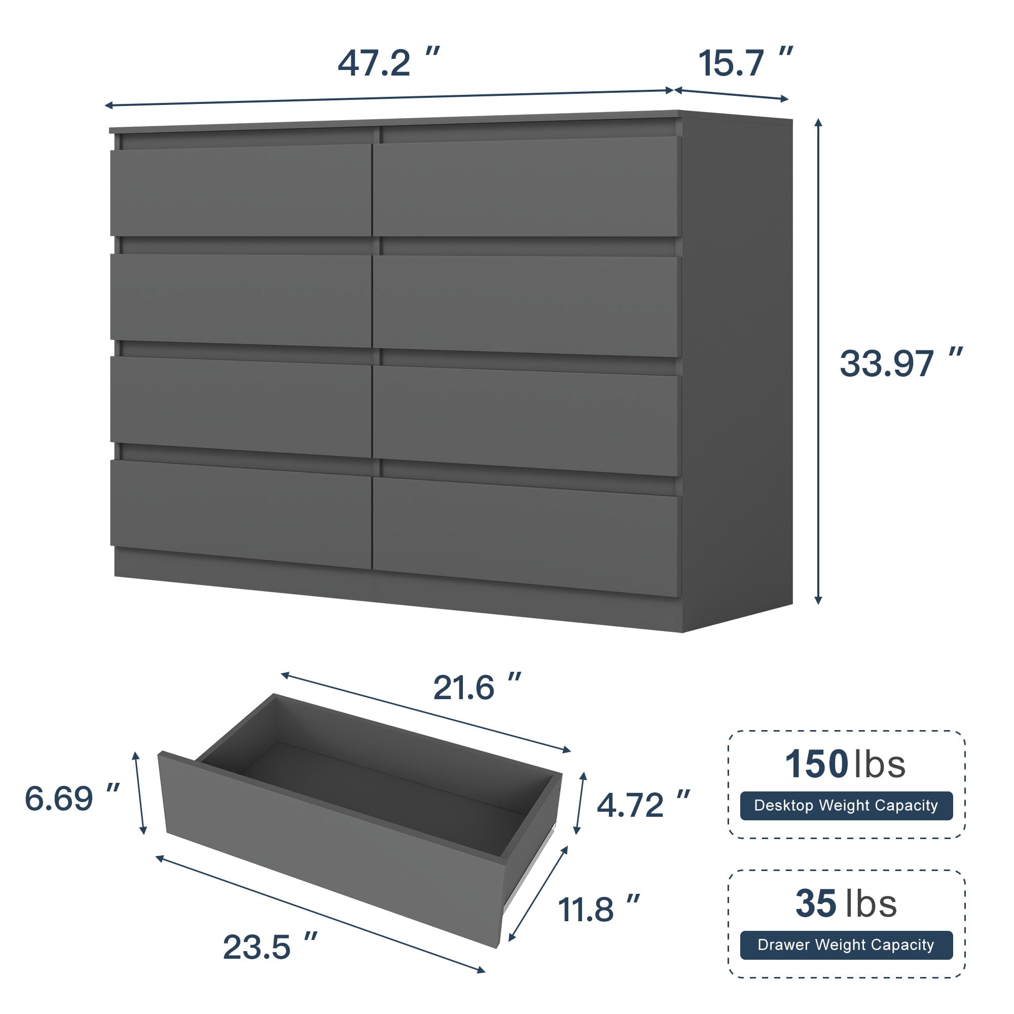 Demi Bonn 8 Drawer Double Dresser, Modern 8 Chest of Drawers with Deep Drawers, Wide Storage Organizer Cabinet for Living Room, Gray