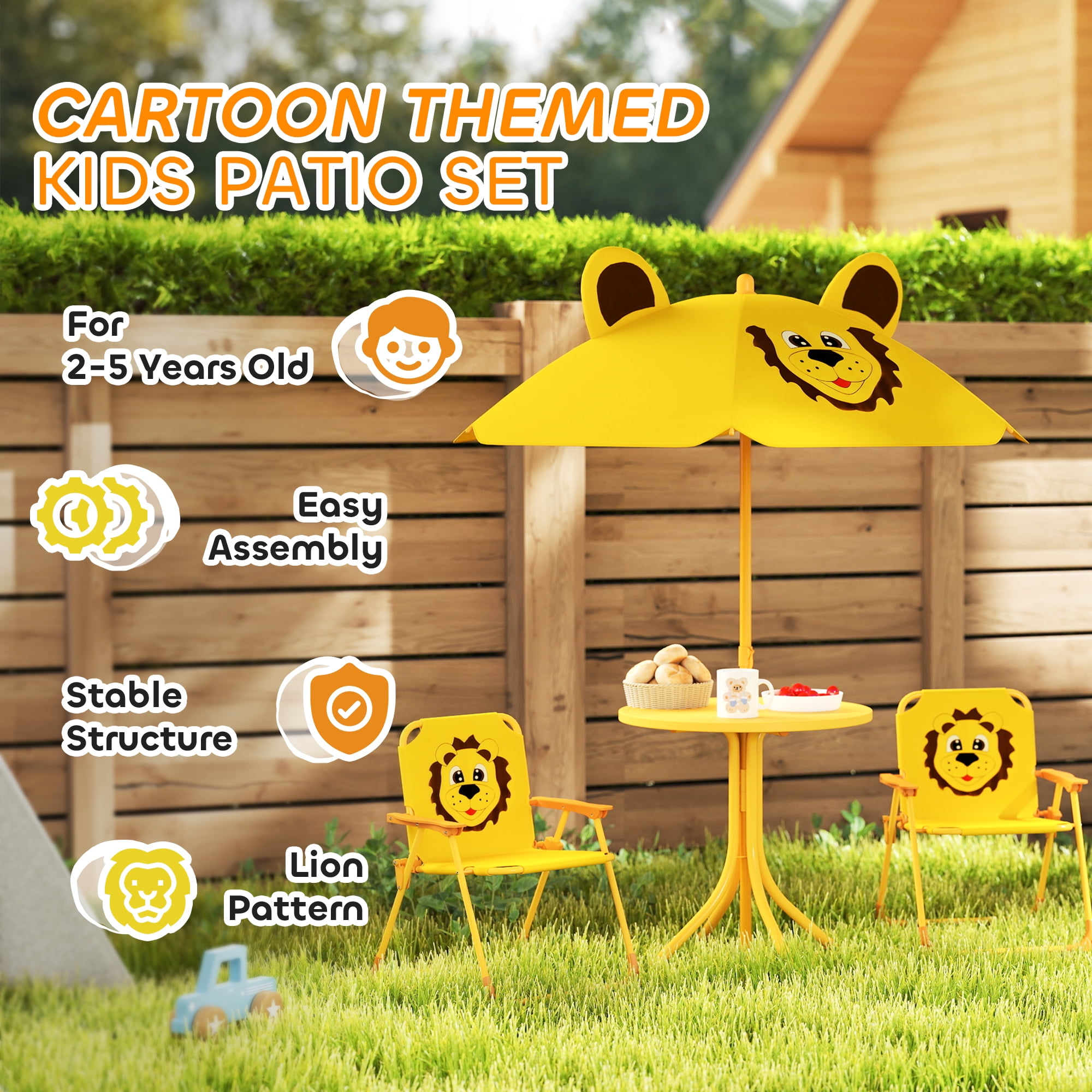 Qaba Kids Picnic Table and Chair Set, Bee Pattern Outdoor Activity Table with Foldable Chairs, Height Adjustable Umbrella for Backyard, Garden, Yellow