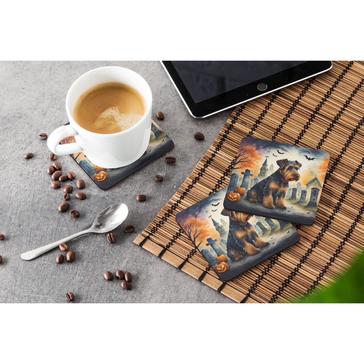 Airedale Terrier Spooky Halloween Foam Coaster Set of 4 3.5 in x 3.5 in