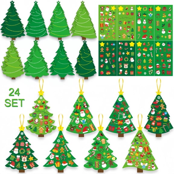 Christmas Tree Craft Kit 24 Pack, DIY Tree Decorating Set for Kids, Holiday Party Activity, Assorted Ornaments