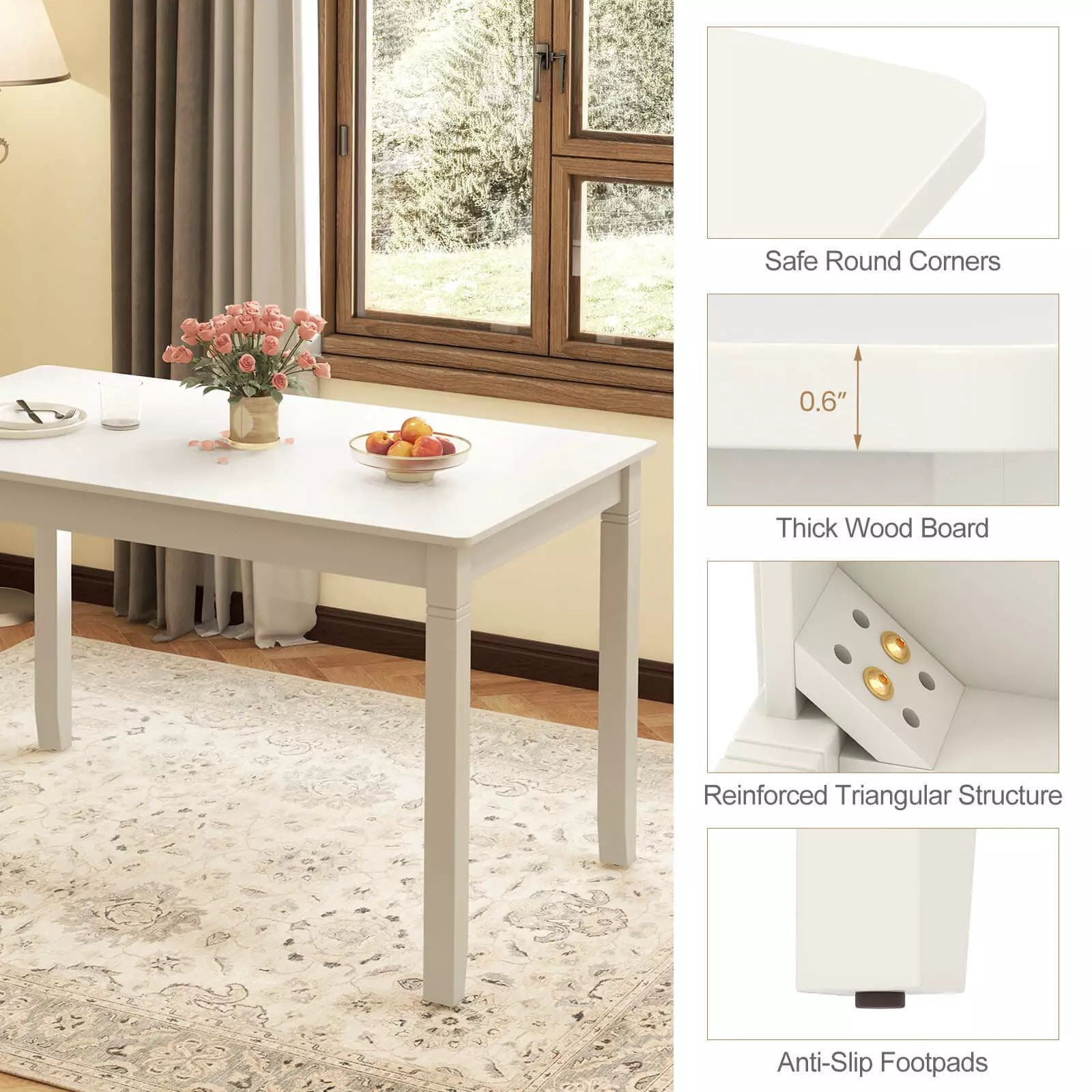 Harmijoy 4-Person Wooden Dining Table, 48 "Rectangular Kitchen Table with Rubber Wooden Legs, Minimalist Dining Table in Small Space Apartment Farmhouse,White