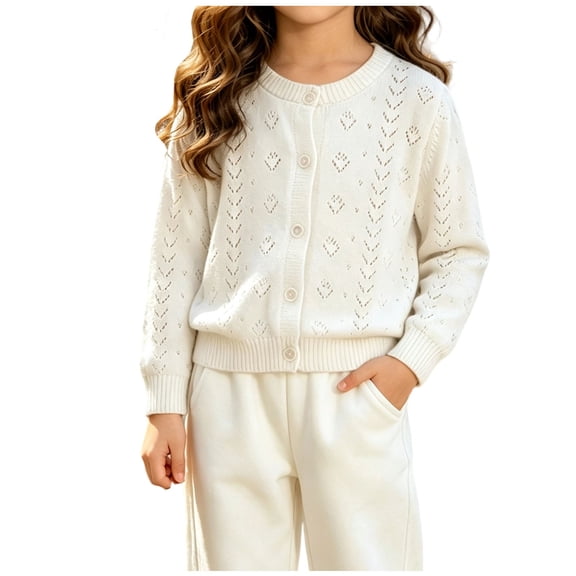 xaoyunyn Toddler Girls Hollow Out Cardigan Comfy Long Sleeve Round Neck Button Down Knitted Outerwear 6M-4 Years