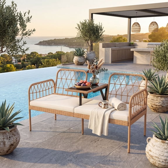 ELLEGNT PE Rattan Patio Loveseat 2-Seat Bench with Coffee Table and Cushions