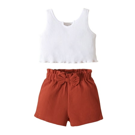 

One opening Baby Girls Summer Outfits Solid Color Ribbed Sleeveless Tank Tops and Elastic Casual Bowknot Shorts Sets