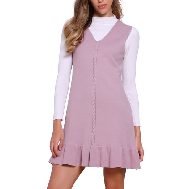 VESTIDO DE MUJER INSPIRE CHIC Tejido Grueso Sin Mangas Cuello en V Dobladillo Volante Vestido de Suéter XL Rosa Polvoriento