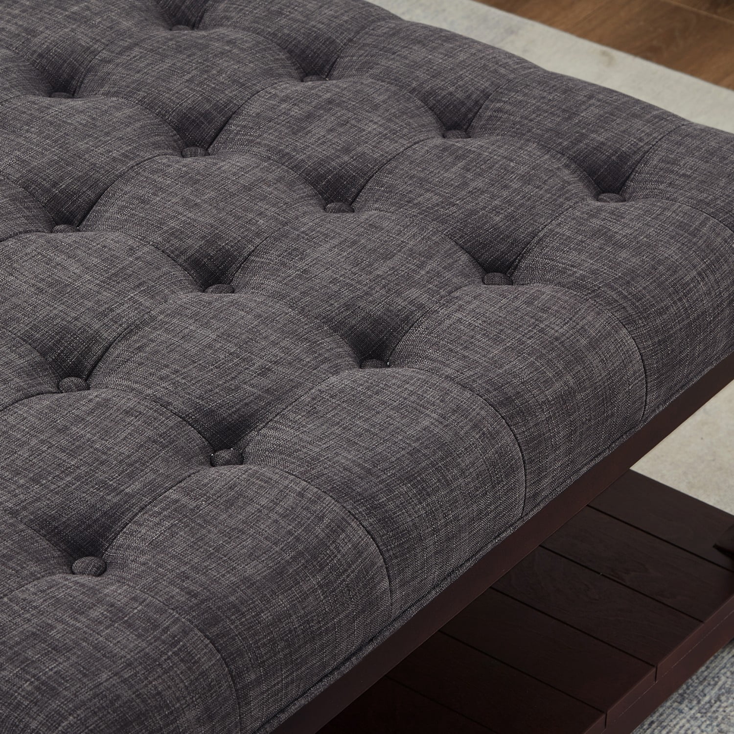 Large Square Tufted Linen Ottoman Coffee Table, Upholstered Footrest with Solid Wood Storage Shelf, Dark Gray Living Room Center Table