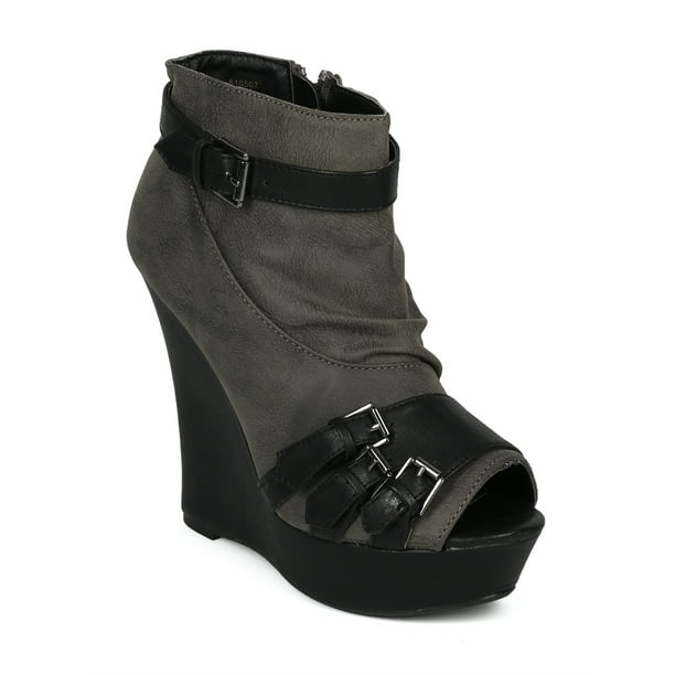 Alrisco Women Leatherette Peep Toe Buckle Decor Zipper Platform Wedge Bootie 18082 Walmart
